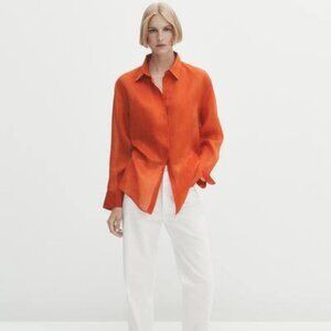 NWT Massimo Dutti 100% Ramie Orange Button Down Shirt Size S